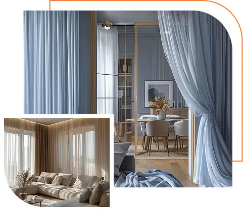 stylish comfortable dinning room with blue sheer curtain