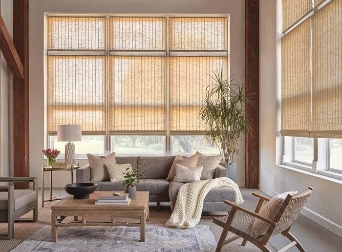 living room wooden blinds